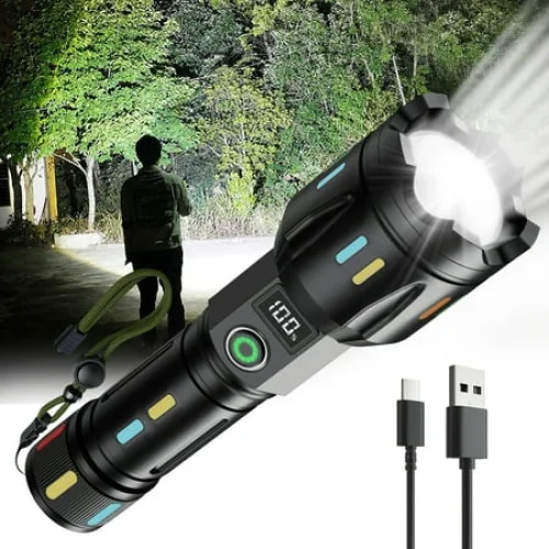 Rechargeable 100000lm Super Bright Zoomable Waterproof Tactical Flashlight for Hiking Camping Emergency