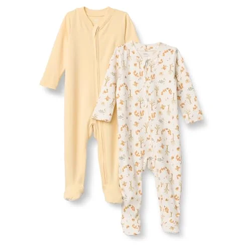Amazon Essentials x Sofia Grainge Unisex Babies' Cotton Footed Sleep and Play Bodysuit, Pack of 2, Pale Yellow/Squirrel Picnic, 0-3 Months