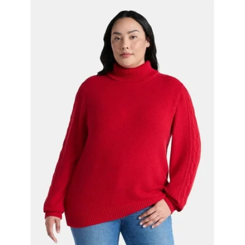 Time and Tru Women&rsquo;s and Women&rsquo;s Plus Turtleneck Sweater with Cable Sleeves, Midweight, Sizes XS-4X