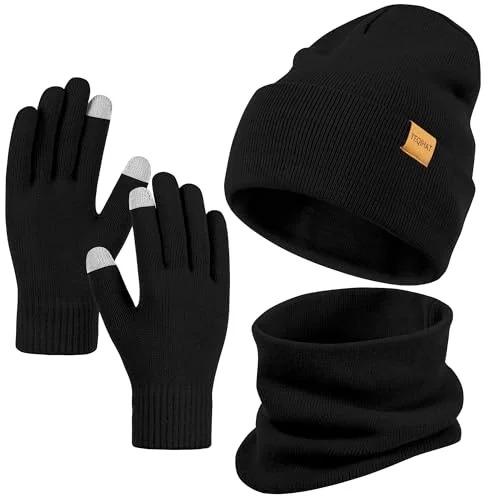 Winter Knit Hat, Scarf, and Gloves Set ，Cuffed Beanie Skull Cap Ski Fashion Set for Men and Women Black