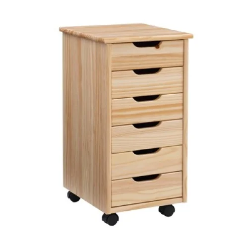 Cary Transitional 6 Drawer Solid Wood Rolling Storage Cart with Contoured Handles - Natural