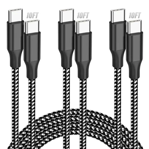 USB C to USB C Cable, 3 Pack 10FT 60W Type C Nylon Braided Charger Cord Fast Charging for iPhone 17 16 15 Series iPad MacBook CarPlay and More (Black)