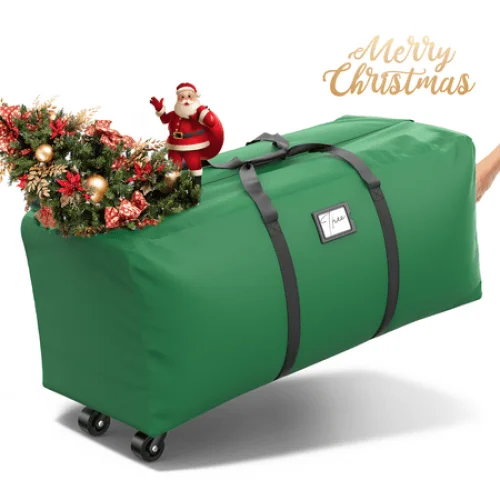 Rolling Christmas Tree Storage Bag, Waterproof Anti-Tear Heavy-Duty 600D Oxford Cloth Christmas 9 ft Tree Storage Box with Rolling Wheels, Dark Green