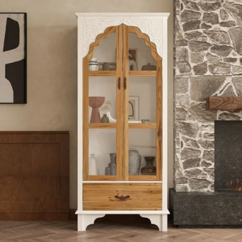 Famapy White Vertical Storage Cabinet with Arched Glass Doors, Bookshelves, and Drawer