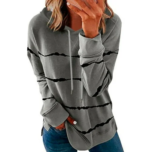 Women's Striped Hooded Long Sleeve T-Shirt Top - Gray/M - Casual Fashion