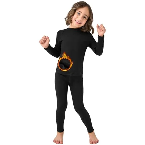 PUMYOON Toddler Thermal Set, Girl Boys Kids Thermal Underwear Set, Black Thermals for Kids Long Johns