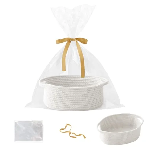 HZFTJOY Gift Basket with Gift Bag and Ribbons, Decorative Organizer Box with Handles (White)