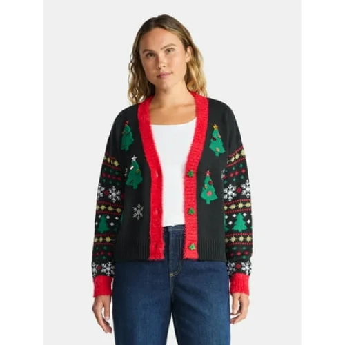 Holiday Time Women's Embellished Button Front Christmas Cardigan,Sizes XS-XXXL