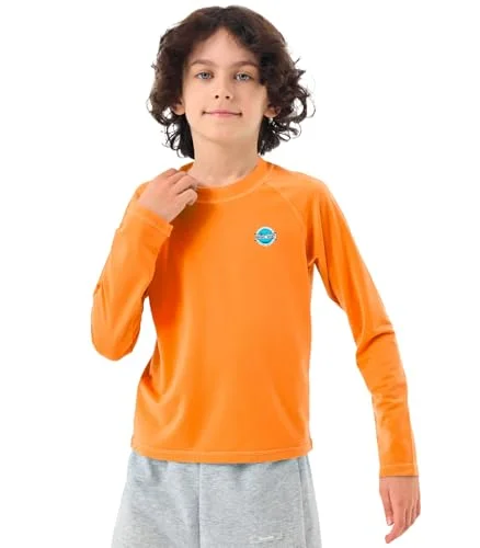 Boys Rash Guard Swim Shirts - Long Sleeve UPF 50+ Sun Shirts for Toddler Kids, Sun Protection SPF Water Surfing Shirts Orange