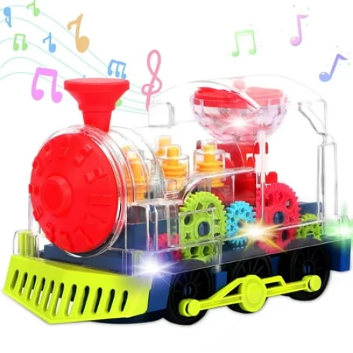 Rirool Electric Gear Train Toy for Toddlers - Transparent Mechanical Train with Flashing Lights & Music, Auto-Direction Change, STEM Learning Toy for Boys Girls Age 3+