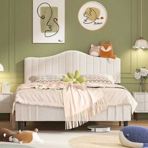 VECELO Bed Frame, Upholstered Platform Bed with Soft Teddy Fabric Adjustable Headboard, Bed Frame Beige Queen Bed