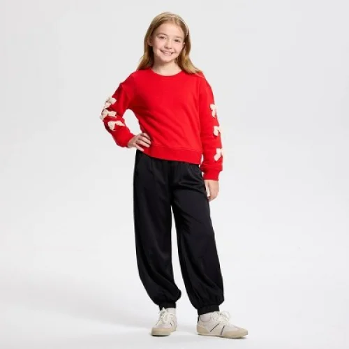 Owillo Girls' French Terry Bow Sweatshirt - Cherry Red M
