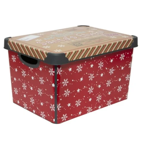 Simplify 7.48 Gallon Santa Elves Design Plastic Storage Bins, Red Snowflake Holiday Tote