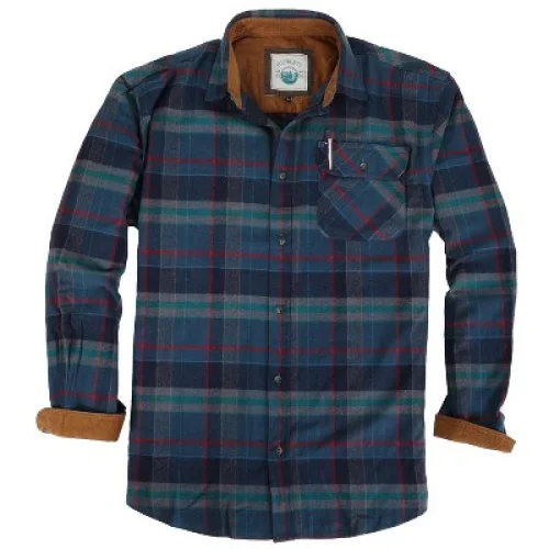 Men's Gioberti 100% Cotton Brushed Flannel Plaid Checkered Shirt with Corduroy Contrast, Small