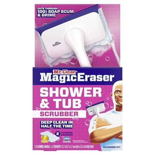 Mr. Clean Magic Eraser Shower & Tub Scrubber, Bathroom Cleaner, All in One Bathroom Cleaner, Lemon Starter Kit, 1 Scrubber & 2 Foaming Magic Erasers