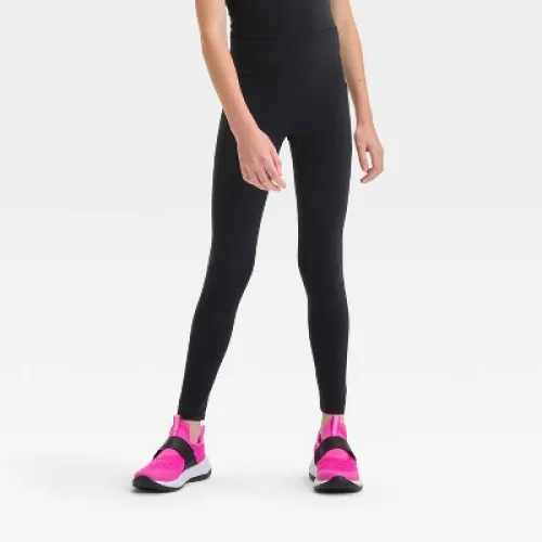 Girls' Everyday Soft Pocket Leggings - All In Motion&trade; Black Onyx L: High Rise, Moisture Wicking, UPF 50+