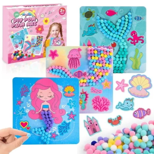 Craft Kits for Kids Girls Ages 3 4 5 6, DIY Mermaid Crafts with Pom Pom Balls, Fine Motor Skills Toys, Gifts for 3 4 5 6 Year Old Girls