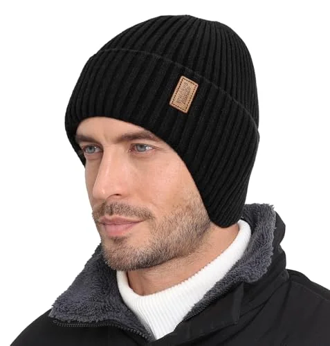 Wmcaps Fleece Lined Winter Beanie with Earflap for Men Women - Windproof Thermal Knit Hat for Cold Weather Black