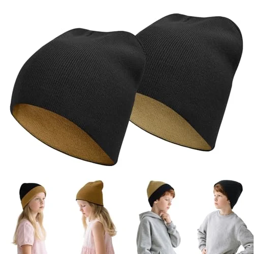Rosoz 2-Pack Kids Knit Beanie Boys Girls Beanies- Kids Winter Reversible Beanie Hats with Double Sides for 7-12 Years