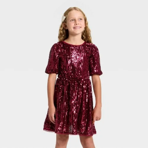 Girls' Short Sleeve Sequin Dress - Cat & Jack&trade; Dark Red S