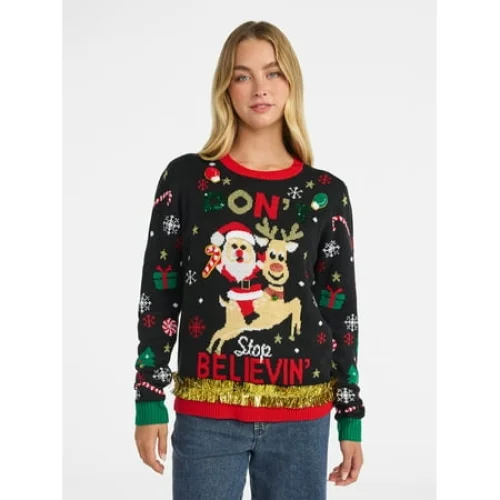 No Boundaries Christmas Sweater, Lightweight, Women's - Festive Holiday Design with 3D Trims