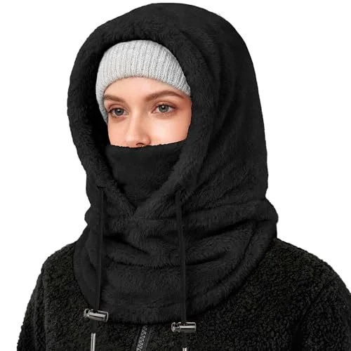 Lainlight Balaclava Winter Ski Mask for Men Women Windproof Warm Face Mask Hooded Scarf Fleece Neck Warmer Black