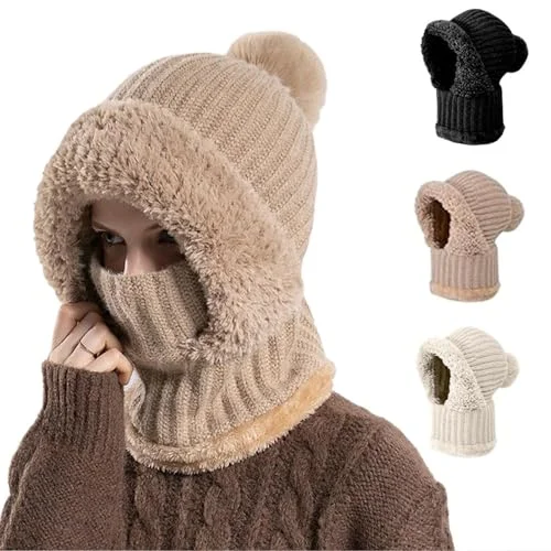 3 in 1 Beanie Hat with Scarf and Mask, Winter Warm Knitted Ski Set (Khaki)