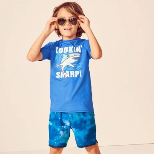 Lands' End Kids Chlorine Resistant Short Sleeve Crew Neck UPF 50 Rash Guard - Medium - Electric Blue Shark