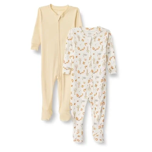 Amazon Essentials x Sofia Grainge Unisex Toddlers' Snug-Fit Cotton Footed Pajamas, Pack of 2, Ivory Squirrel Picnic, 2T