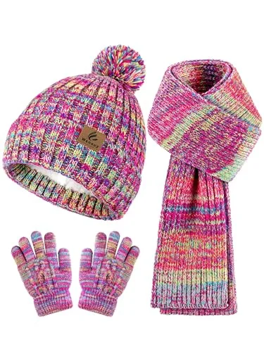 Wenouy Kids Winter Hat Scarf Gloves Set, Toddler Fleece Lined Gloves Warm Knitted Scarf Winter Beanie with Pom for Boys Girls A - Purple Red Mix 2-8 Years