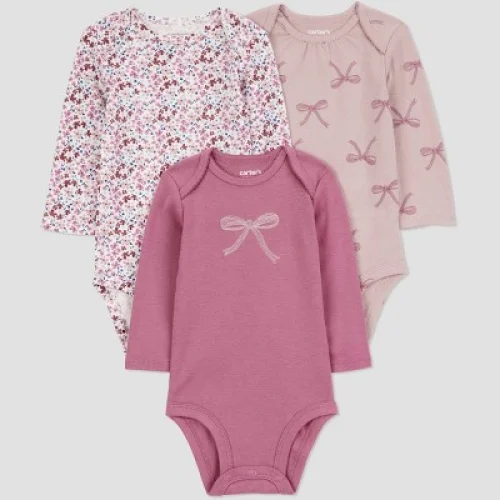 3-Pack Carter's Just One You&reg; Baby Girls' Bows Long Sleeve Bodysuits - Burgundy 3M