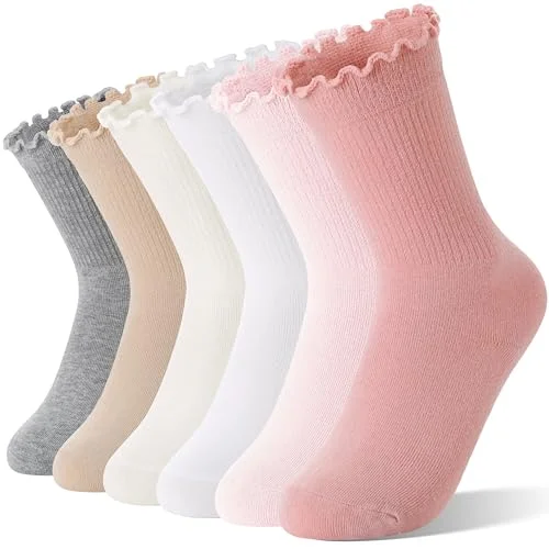 6 Pairs Welwoos Girls Kids Ruffle Socks Uniform School Dress Frilly Cotton Crew Socks, 5-8 Years