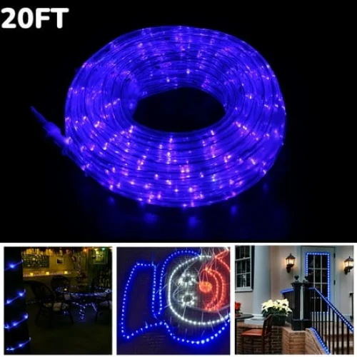 20 Feet Blue LED Rope Lights - Cuttable, Remote, Adjustable Brightness & Glitter for Holiday Lighting