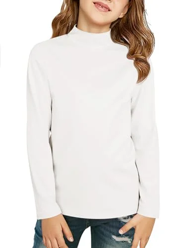 Girls Long Sleeve Mock Neck Pullover Tops Kids Fall Winter Basic Active Layer Shirts 5-14 Years White