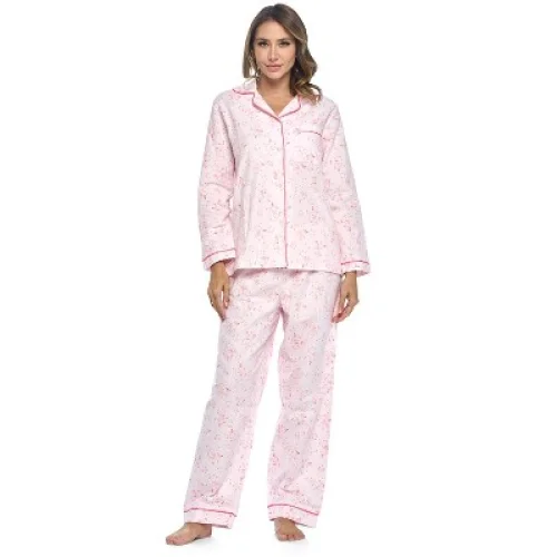 Casual Nights Women's Flannel Long Sleeve Button Down Pajama Set - Pink Floral - Large