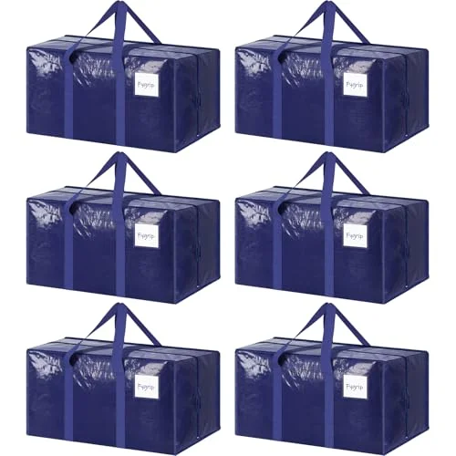 6 Pack Extra Heavy Duty Large Moving Bags with Strong Zipper & Comfortable Handles, Sturdy & Durable Clothes Storage Bags Totes Bins, Blue Packing Moving Boxes for College Supplies, Dark Blue