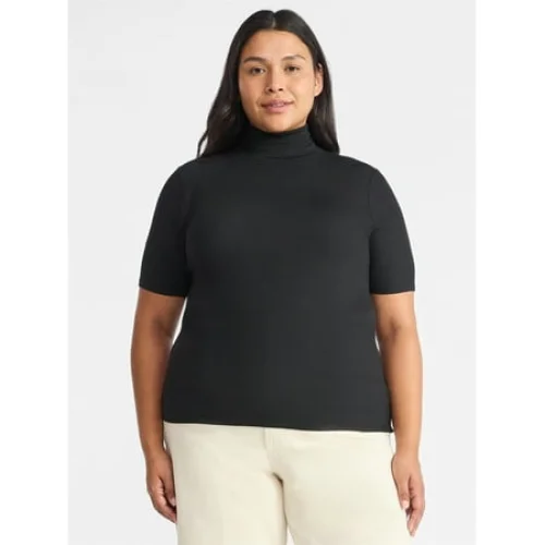 Time and Tru Women's Rib Turtleneck Top with Short Sleeves, Sizes XS-XXXL