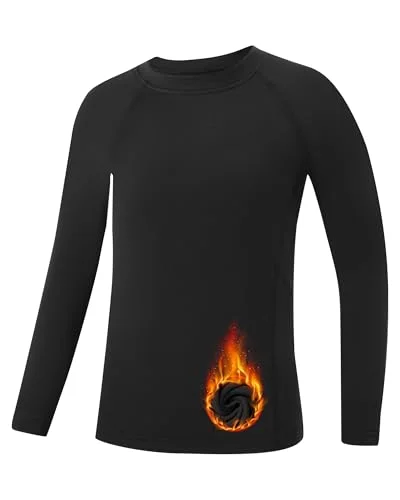 Runhit Youth Boys Compression Thermal Shirt Long Sleeve Fleece Base Layer Undershirt Black L