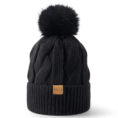 Women's Winter Knitted Hat, Soft Fleece Beanie Cap with Pom-pom, Ski Black
