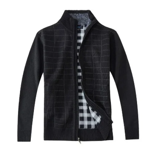 Men's Knitted Full Zip Cardigan Sweater with Brushed Flannel Lining, Black, XX Large