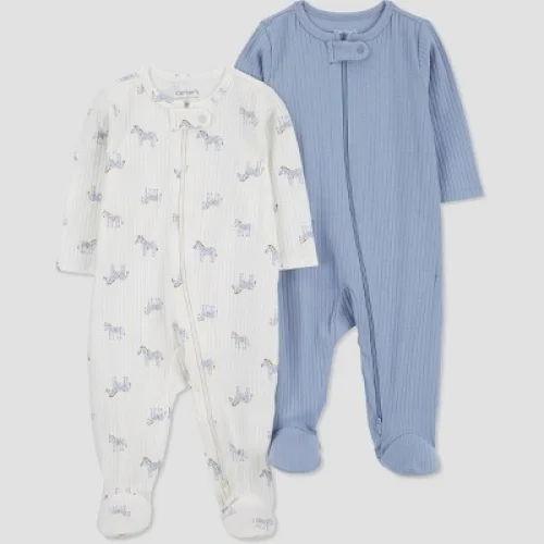 2pk Carter's Just One You&reg; Baby Boys' Zebra Sleep N' Play Pajamas - Blue/Ivory, 3M, Cotton Elastane