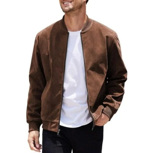 Men's COOFANDY Casual Varsity Jacket Vintage Lightweight Suede Bomber Brown XXL