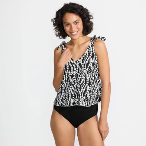 Lands' End Women's Tie Shoulder Flutter Tankini Top - 14 - Black/White Vine Floral