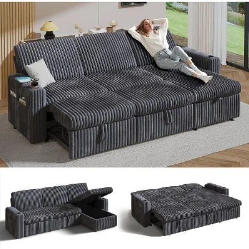 Vipbear 101" Sectional Sleeper Sofa Bed, Pull-Out Bed, Reclining Backrest, Reversible Storage Chaise, USB Ports & Cup Holders,Gray