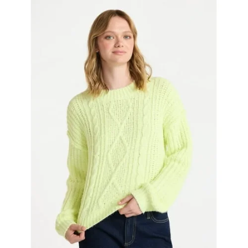 No Boundaries Cable Knit Sweater, Midweight, Women's