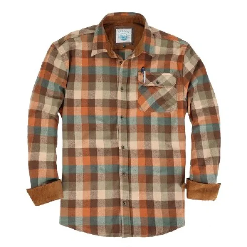 Men's Gioberti 100% Cotton Brushed Flannel Plaid Checkered Shirt with Corduroy Contrast, Small