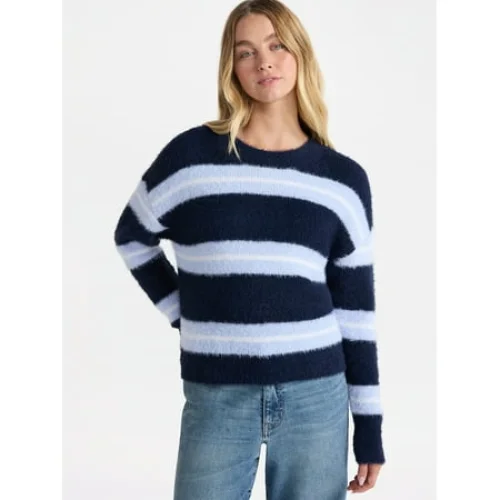 No Boundaries Striped Feather Sweater, Women's & Women's Plus
