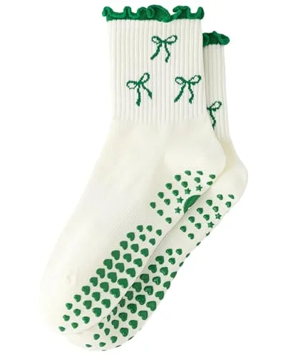 Yawlsow Pilates Grip Socks for Women Yoga Grippy Socks Cute Barre Non Skid Athletic Crew Sticky Sock Workout Hospital