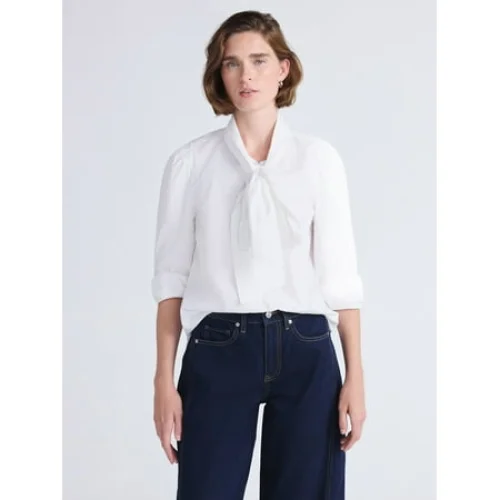 Free Assembly Women's Cotton Tie Neck Blouse with Long Puff Sleeves, Sizes XS-XXL