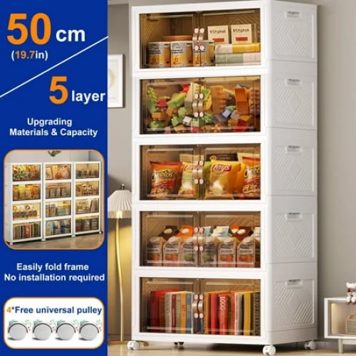 5 Tier Folding Storage Box with Doors and Wheels, Stackable Plastic Storage Bins for Closets, White